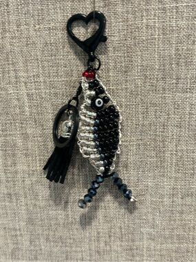 Beaded Fish Keychain/ Bag Charm - Black and Silver